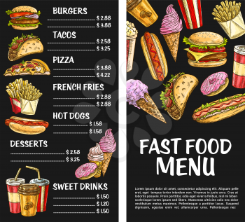 Fast food menu template. Vector price set for fastfood meals and burger sandwiches, pizza or hot dog and popcorn or chocolate ice cream desserts, french fries snack or cheeseburger or hamburger