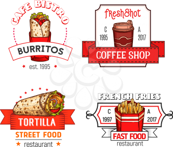 Fast food icons of burrito snack, tortilla wrap or french fries snack and soda or coffee drink for fastfood restaurant, bistro of cafe and cinema bar menu template. Vector isolated icons set
