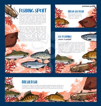 Fishing sport posters and banners templates of sea fishes. Vector set of ocean marlin, salmon or trout and mackerel, bream or navaga and flounder or tuna for fisherman trip or fisher big catch