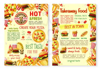 Fast food posters for burgers or pizza takeaway bistro or fastfood restaurant. Vector meals and snacks menu of cheeseburger sandwich, hamburger or hot dog and donut cake dessert, soda and coffee