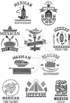 Mexican cuisine restaurant icons set. Vector isolated Mexico sombrero hat, spicy chili jalapeno pepper, Mexico tequila cactus drink and tobacco cigar, burrito or tacos snack food for cafe menu