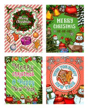 Merry Christmas greeting banner with New Year holiday characters sketch. Snowman with Santa gift, Xmas tree and holly berry wreath, gold bell, snowflake, candy and sock, ribbon bow, cookie and ball