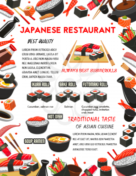 Sushi restaurant or Japanese cuisine bar poster template. Vector fish sushi rolls, rice and salmon tobiko, eel or tuna sashimi and ramen noodles soup, Japanese tea, chopsticks and soy sauce for menu