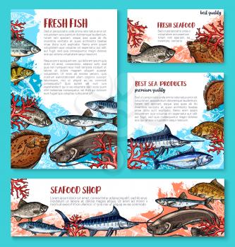 Fish poster or banner sketch design template for fisher market or fishing sport shop. Vector fresh marlin, trout or flounder and salmon, eel or tuna and mackerel with anchovy and sheatfish fishes