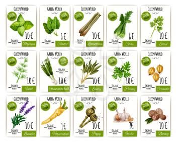 Herb and spices tag or label set with price and basil, rosemary, mint, thyme, green onion, garlic, parsley, nutmeg, marjoram, celery, fennel, coriander, sorrel, lavender and poppy cartoon icon