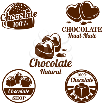 Chocolate, sweet food shop isolated symbol set. Chocolate candy and cacao dessert in shape of a heart brown icons with drops of melted chocolate for natural sweets label, confectionery emblem design