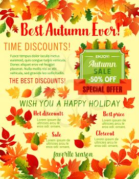 Autumn Sale 50 percent off discount poster template for shop design. Vector maple leaf, oak acorn and autumn foliage for seasonal shopping sale offer, best price and holiday wishes