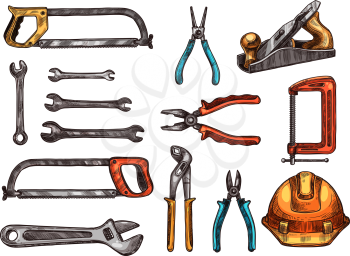 Hand tool isolated sketch set. Spanner, adjustable wrench, pliers, hard hat, saw, wire cutters, jack plane, clamp symbols. Work tool and instrument for carpentry, home repair and construction design
