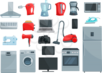 Home appliance icons set. Refrigerator, microwave, oven and vacuum cleaner, iron, stove and toaster, washing and coffee machine, blender and kettle, computer, tv and camera, telephone, air conditioner