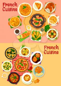 French national cuisine dishes and salads. Vegetable stew ratatouille, pear in wine sauce, tomato, spinach and apple pie, onion cheese soup, croissant, baguette, mushroom casserole, frog legs