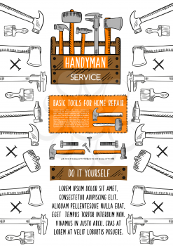 Repair tool banner with toolbox sketch. Hammer, wrench, paint brush, spanner, screw and nail arranged into frame with text layout in center. Handyman service and DIY advertising poster design