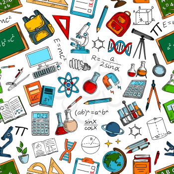 Science and education seamless pattern with school supplies. Book, atom, DNA, test tube for laboratory research, microscope and pencil, chalkboard, bag and calculator, computer, telescope sketches