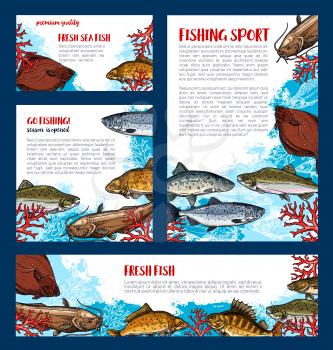 Fish banners for fishing sport. Fresh fish sketch poster and flyer with salmon, perch, trout, tuna, carp, flounder, catfish, herring, sprat and navaga for fish market and fishery design