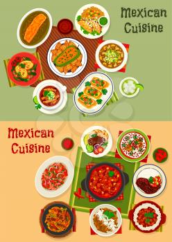 Mexican cuisine dinner dishes set. Beef taco with sauce, stuffed pepper, vegetable with meat and bean, chicken chilli, soup with tortilla chips, grilled burrito with cheese, shrimp salad, meat pie