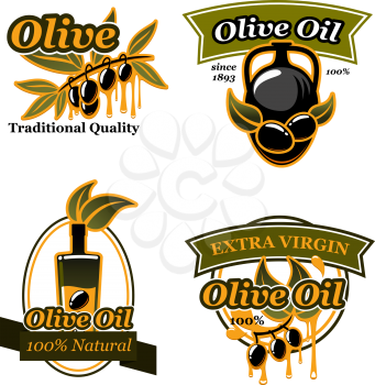 Olive oil extra virgin icons and symbols. Black olive fruit on branch with drop of oil isolated symbol with bottle and jug, decorated by ribbon banner and leaf for natural olive oil package design