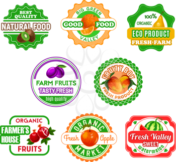 Fruit, farm product labels. Orange, apple, pear, mango, watermelon, plum and kiwi, pomegranate fruit isolated cartoon symbol for natural juice, dessert and jam packaging, organic food design
