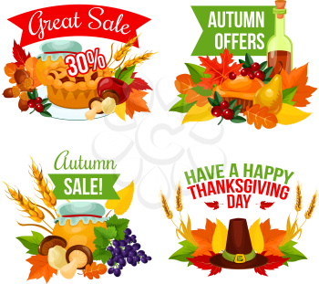 Autumn sale icon of Thanksgiving Day and fall harvest celebration. Autumn leaf, pumpkin pie, apple fruit, cranberry, pilgrim hat, forest mushroom and acorn, orange maple foliage for retail design