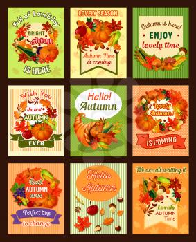 Autumn leaf and fall harvest celebration retro poster set. Autumn season foliage frame with pumpkin vegetable, apple fruit, mushroom, acorn, grapes, wheat and cornucopia for Thanksgiving Day design