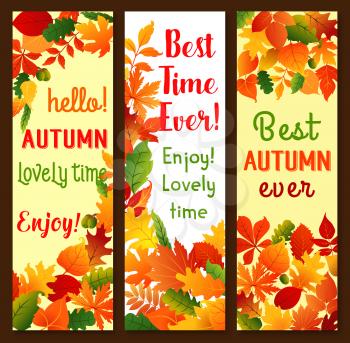 Autumn banners for seasonal greetings temlate of falling leaves of maple, aspen or chestnut and ash tree. Vector set of nature foliage for Hello Autumn and lovely time qotes