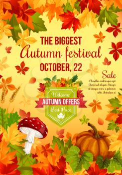 Autumn sale promotion banner of fall harvest festival. Autumn leaf, orange pumpkin vegetable, amanita mushroom and ripe wheat poster with discount offer text layout for retail themes design