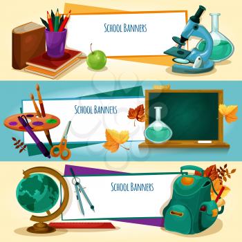 School banners templates. School supplies and stationery vector elements green blackboard, globe, backpack, book, apple, microscope, paints. Welcome poster, banner web shop sale placard