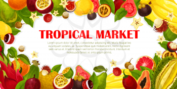 Exotic fruits poster for tropical farm market. Vector design carambola, maracuya and durian or papaya, banana and kiwi or lychee and rambutan, Fresh juicy dragon fruit, mangosteen and guava or orange