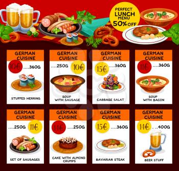 German cuisine menu or price cards for restaurant. Vector lunch offer of Germany traditional stuffed herring, sausage or bacon soup and cabbage salad, almond crumbs cake, Bavarian steak and beer stuff