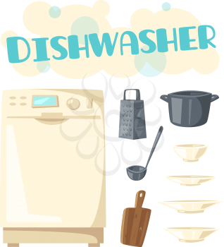 Dishwasher and dishes or kitchenware. Vector design of dish washing machine household appliance and dishware of cutting board, saucepan or frying pan, ladle and grater, plates, cups and bowls or mugs