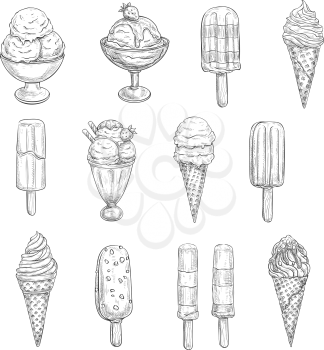 Ice cream sketch vector icons. Isolated set of frozen desserts, fruit or berry soft ice cream scoops in wafer cones, chocolate glaze sundae or berry sorbet in candy or caramel fondant and wafer cookie