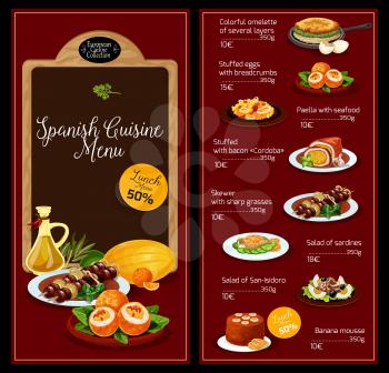 Spanish cuisine vector menu of restaurant lunch of several layers omelette, stuffed eggs with breadcrumbs, seafood paella and stuffed bacon, skewer on sharp grasses, sardines salad or banana mousse