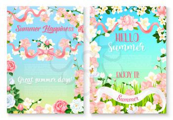 Summer holiday celebration poster set. Floral greeting banner with summer flower field and blue sky, edged by rose, orchid, peony, lily and jasmine frame with ribbon and bow. Hello summer theme design