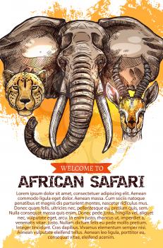 Welcome to African safari hunting poster. Vector design of wild Africa animals elephant, cheetah panther or jaguar leopard and gazelle antelope for hunter open hunting season or savanna hunt club