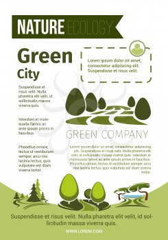 Nature poster for green ecology or city horticulture company. Vector design of eco environment and park or garden trees in parkland or woodland plants and forest greenery for eco-friendly concept