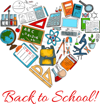 Back to School heart vector poster combined of supplies and school books or pencils stationery, class chalkboard, physics atom and geography globe or astronomy telescope and biology microscope