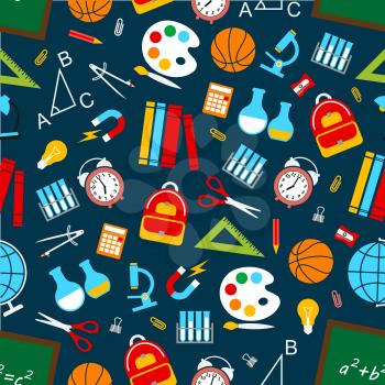 School and education supplies seamless pattern. Vector symbols of science and knowledge books and equation formula, chemistry beaker and astronomy planet globe, mathematics numbers and physics tests