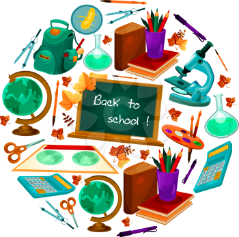 Back to School poster of education supplies and study stationery and books. Vector microscope, notepad and pen or pencil in school backpack, globe map and beaker or scissors and autumn season