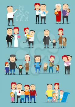 Family activity cartoon set. Big family of mother, father, son, daughter, grandfather and grandmother are playing, walking outdoor, hugging, having fun and resting on vacation and camping trip