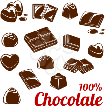Chocolate bar and candy icon set. Chocolate and cacao sweets with nuts isolated symbol, dark brown chocolate pieces and drops for sweet food and dessert packaging, confectionery label design