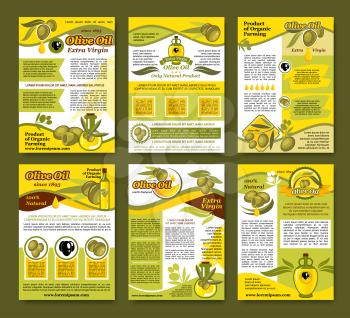 Olive oil organic farm product poster template set. Black and green olive fruit, bottle of extra virgin oil, olive tree branch badges with ribbon banner and text layout for healthy food themes design