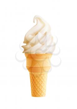 Vanilla ice cream in waffle cone isolated icon. Swirl of soft serve ice cream with textured waffle cup realistic 3d illustration for food packaging label, dessert menu design for cafe and restaurant