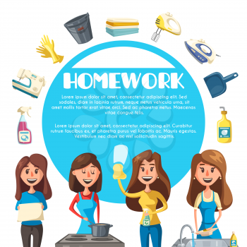 Housekeeping and housework cartoon poster. Young woman housewife cleaning, cooking, doing the laundry and washing dishes banner with apron, glove, bucket, soap, sponge, iron, sink and stove icons