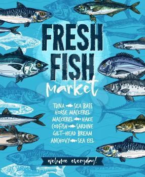 Fresh fish welcoming banner for seafood market template. Tuna, salmon, mackerel, trout, cod, hake, perch, dorado, sardine, anchovy and sprat freshly catched marine fish for fish market label design