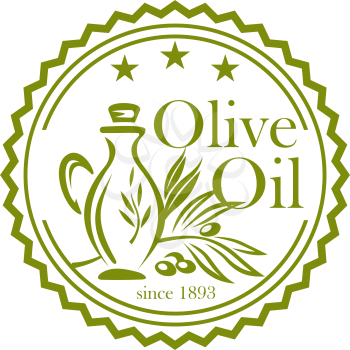 Olive oil round icon for organic food label. Olive branch with leaf, fruit and oil bottle, framed by seal with star for natural olive product trademark and packaging design