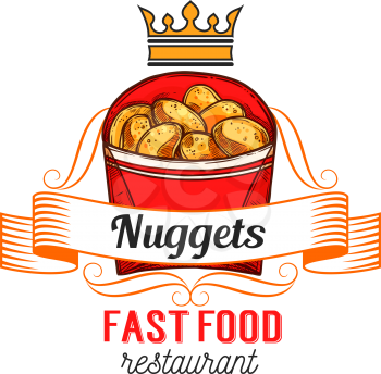 Fast food restaurant label with chicken nuggets. Crispy fried meat snack in takeaway paper box isolated symbol with ribbon banner and crown for fast food cafe emblem design
