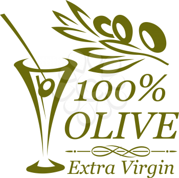 Green olive branch icon with cocktail olives in glass. Oil extra virgin product bottle label, pickled olive fruit packaging emblem and mediterranean cuisine themes design