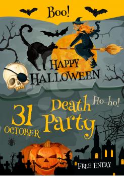 Happy Halloween night poster or death party invitation card template. Vector design of pumpkin lantern, skull and witch on moon for 31 October Halloween spooky trick or treat holiday celebration