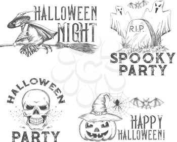 Halloween party or horror night holiday sketch icons for 31 October spooky trick or treat celebration design. Vector horror design of Halloween pumpkin lantern, skeleton skull or witch and grave tomb