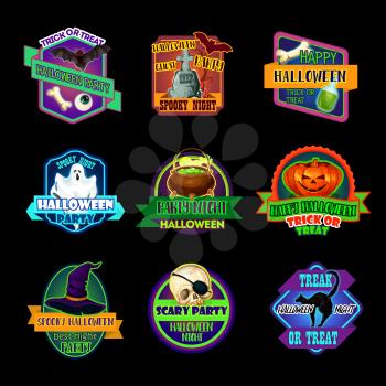 Halloween holiday icon of horror party label. Pumpkin lantern, ghost, bat, skeleton skull, witch hat and potion pot, black cat and cemetery gravestone with ribbon banner for october holiday design