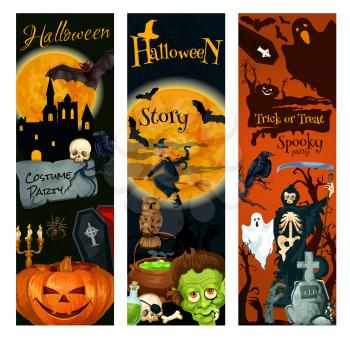 Halloween holiday banner. October night horror party greeting card with pumpkin lantern, bat and spider, creepy ghost, witch and skeleton skull, zombie grave and moon, spooky house and tree silhouette