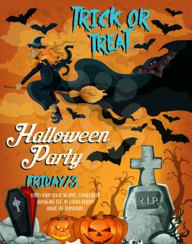 Halloween party poster template of horror night and autumn holidays celebration. Spooky bat and witch flying over cemetery or graveyard with pumpkin lantern, coffin and tombstone for banner design